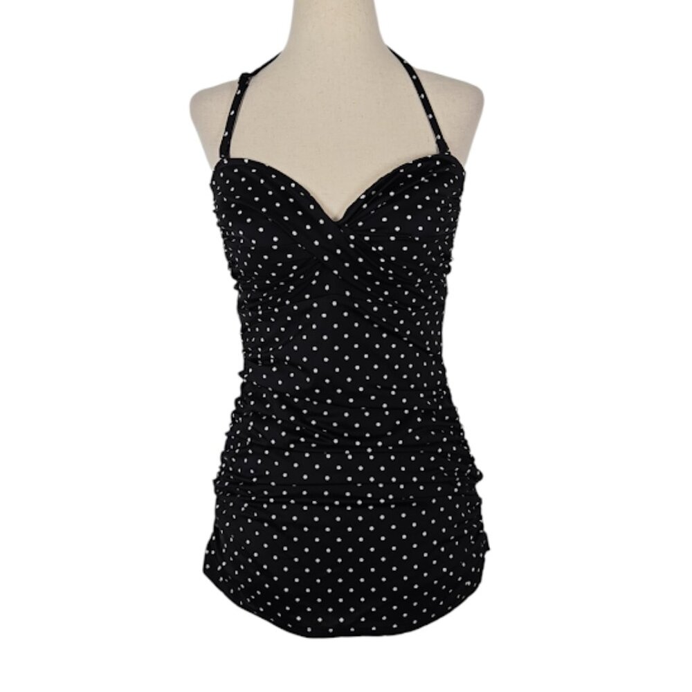 ASOS Slim Black & White Polka Dot Ruched One-Piece Swimsuit Halter Straps US 6 - Picture 1 of 8